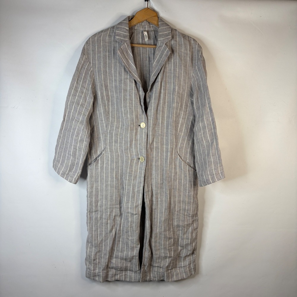 Mango Longline Jacket Women XS Grey Pinstripe 100% Linen Notched Lapel Casual